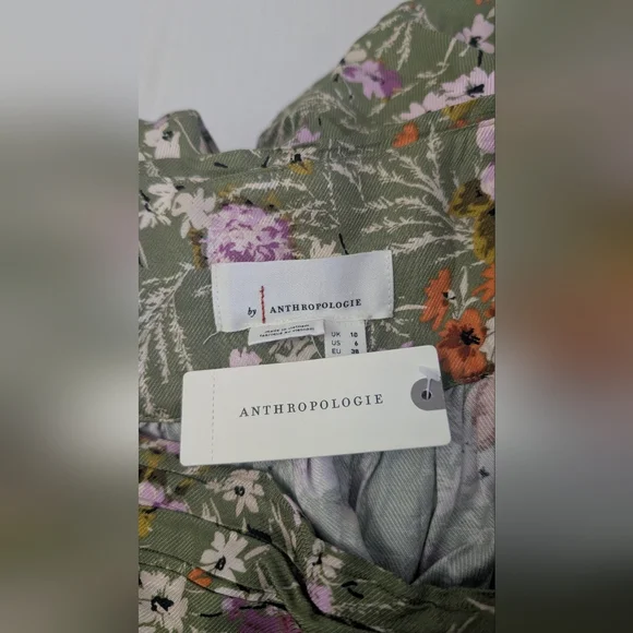 By Anthropologie Wide-Leg Pants Floral Print Olive Green Size 6 Inseam 30" - Picture 8 of 11
